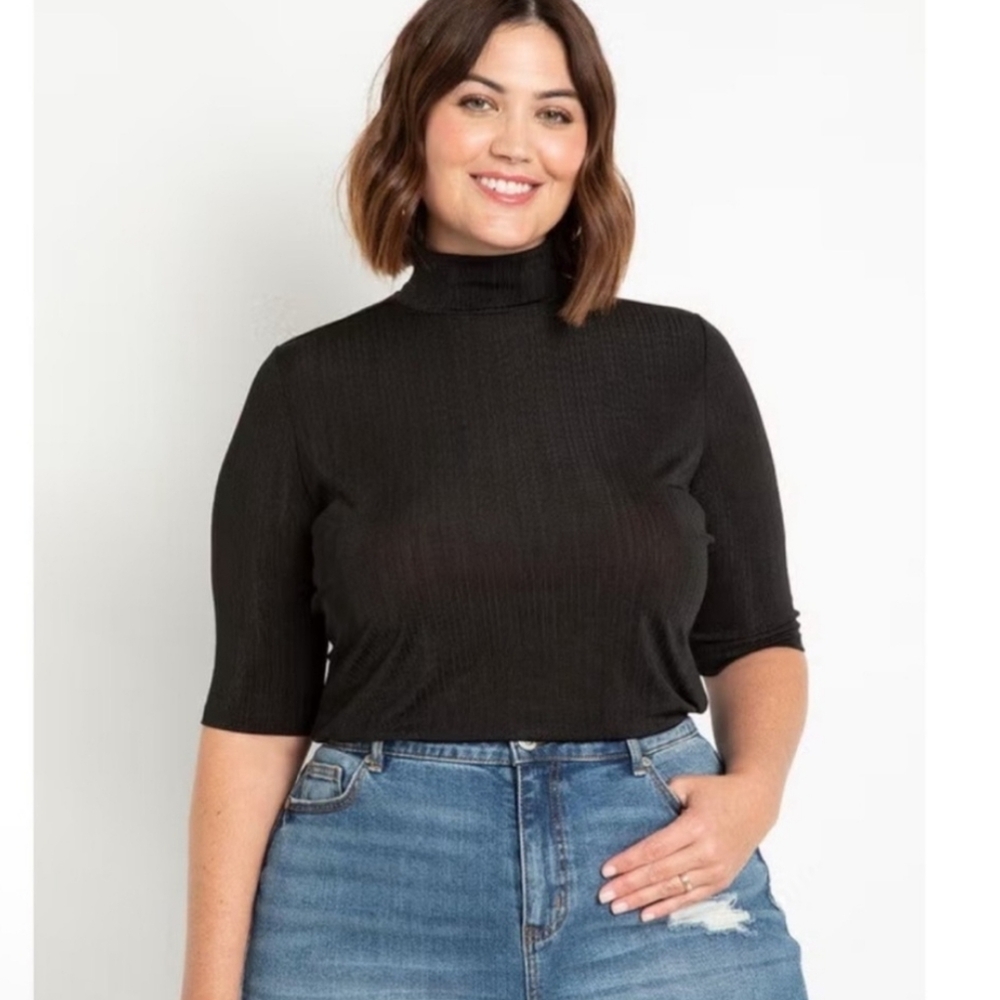 Eloquii Black Ribbed Short Sleeve mock neck top 18/20 NWT